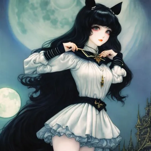 Prompt: Frank Milker, Arthur Rackham, colour drawing Surreal, mysterious, bizarre, fantastical, fantasy, Sci-fi, Japanese anime, beautiful miniskirt vampire queen in a sailor suit, perfect voluminous body, short black hair, cute face, walking the streets of Tokyo at night with her black dog, a huge moon, hyper detailed masterpiece high resolution definition quality 