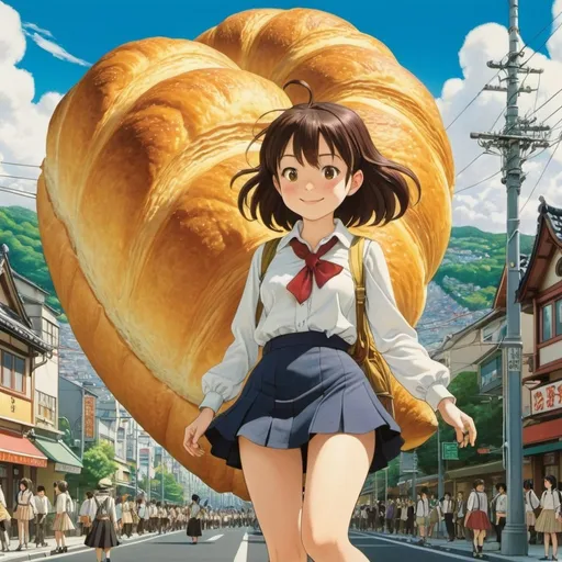 Prompt: Maurice Sendak, Koyoharu Gotouge, Surreal, mysterious, strange, fantastical, fantasy, Sci-fi, Japanese anime, giant croissant mountain, city intersection, miniskirt beautiful high school girl looking happily, detailed masterpiece 