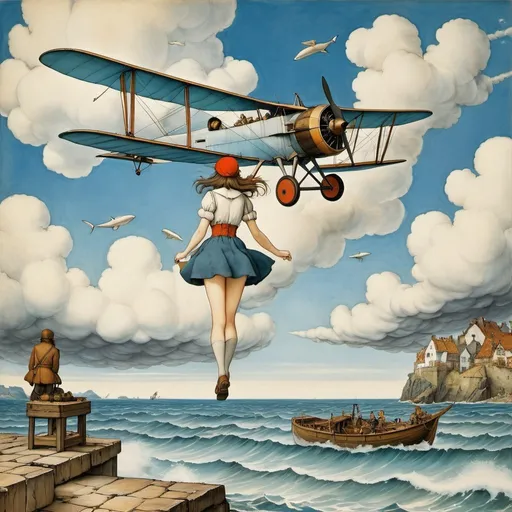 Prompt: Pieter Bruegel the Elder, Anton Pieck, Surreal, mysterious, strange, fantastical, fantasy, Sci-fi, Japanese anime, meeting of the sea and sky, whale, biplane, clouds, waves, miniskirt beautiful high school girl, perfect voluminous body, detailed masterpiece low high angles perspectives 