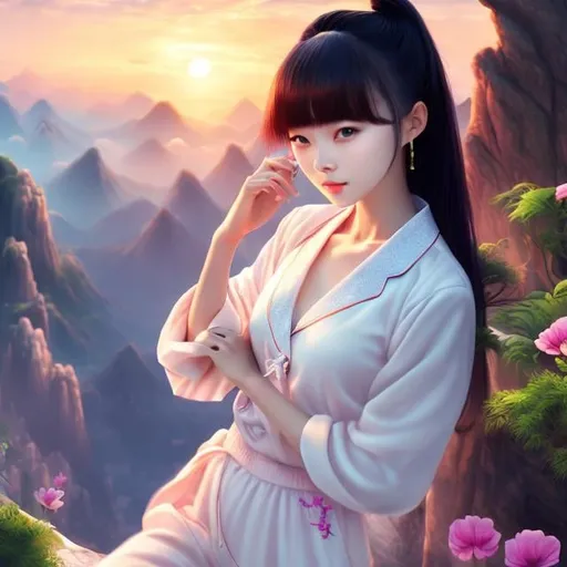 Prompt: Yixin Zeng, A E Marty, Mysterious, surreal, bizarre, fantasy, Sci-fi, Japanese anime, flying bed, short-haired beautiful girl in pajamas, perfect voluminous body, African land, sunrise, detailed masterpiece 