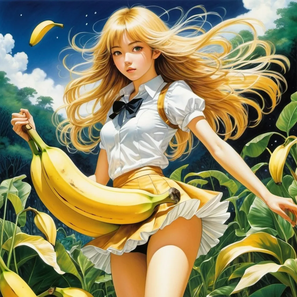 Prompt: Barbara Cooney, Takeshi Obata, Surreal, mysterious, strange, fantastical, fantasy, sci-fi, Japanese anime, banana meadow, miniskirt beautiful girl descending with flowing hair, perfect voluminous body, walking symphony orchestra musical instruments, detailed masterpiece comical