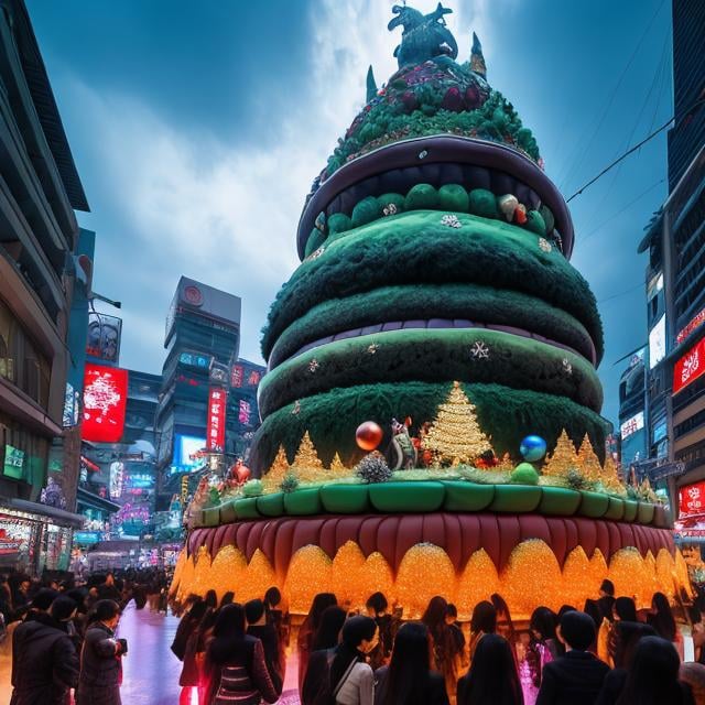 Prompt: Dariusz Klimczak, Koyoharu Gotouge, Surreal, mysterious, strange, fantastical, fantasy, sci-fi, Japanese anime A giant Christmas cake appears in the middle of an intersection in Shinjuku. Beautiful high school girls in miniskirts happily crowd around and climb onto the cake using a ladder, detailed masterpiece 