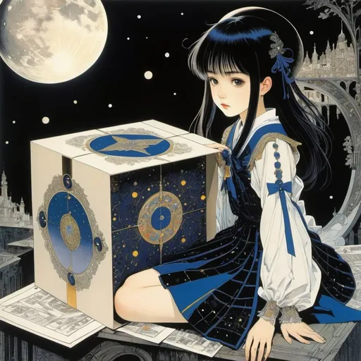 Prompt: Harry Clarke, Raquel Gameiro, Kōji Fukiya, Seiji Fujishiro, Maria Keil, Surrealism Mysterious Weird Fantastic Fantasy Sci-fi, Japanese Anime, Crescent moon inside a paper box, Beautiful miniskirt  high school girl looking into the box, detailed masterpiece 