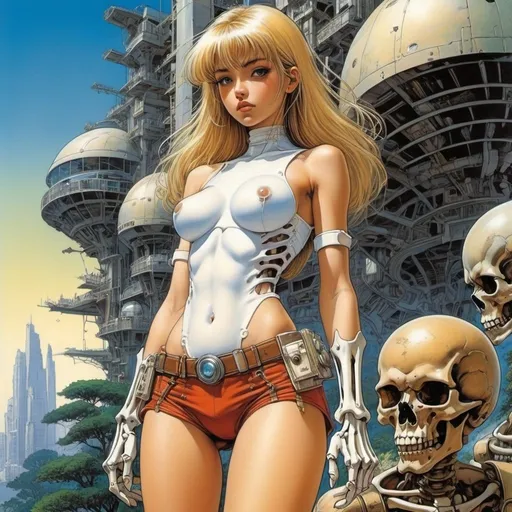 Prompt: Sydney Sime, Alvim Correa, Pablo Bernasconi, Jean Giraud, Masamune Shirow, Surrealism Mysterious Weird Fantastic Fantasy Sci-fi, Japanese Anime, Skeleton of Mars In the distant past Humans were stars, Forest of architecture at dawn, Beautiful high school girl in miniskirt, perfect voluminous body, detailed masterpiece 