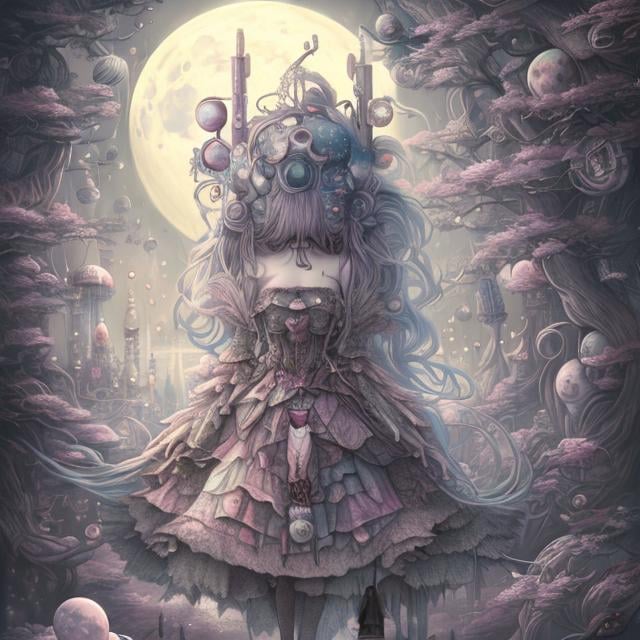 Prompt: Japanese anime, surreal fantasy, strange, bizarre, sci-fi fantasy, moonlight Alice, bowed moon, tea party on the moon, elevator to the moon, moonlight gate, laurel, hyperdetailed high definition high resolution high quality masterpiece 