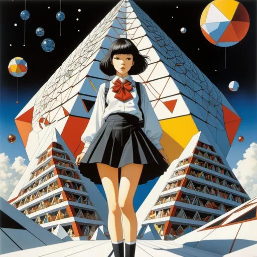 Prompt: Anna Castagnoli, katsuhiro Otomo, Aubrey Beardsley full colours, Surrealism Mysterious Weird Fantastic Fantasy Sci-fi, Japanese Anime Beautiful high school girl in a miniskirt made of spheres and triangular pyramids The land of the Go board, What is geometry?, detailed masterpiece 