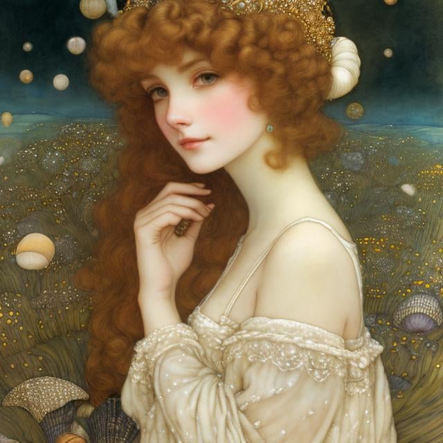 Prompt: Kate Greenaway, Klimt, Arthur Rackham, Richard Dadd, Japanese Anime, Giant Seashell, solo girl, voluminous perfect body, scanty clothes, sweet innocent young beautiful face, Morse Communicator,  Kunstkammer, Microcosmos, Planetary Gear, detailed high resolution high definition high quality masterpiece 