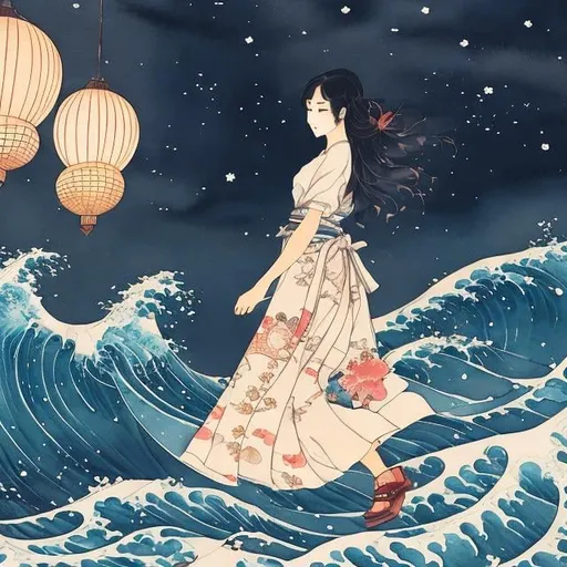 Prompt: Katsushika Hokusai, Keiko Takemiya, Mysterious Watercolor Woodblock Anime Mini Skirt Beautiful Girl Alice Alice Loves Ramen, Shinjuku, Ramen Stall, moonlit night, detailed masterpiece depth of field cinematic lighting 