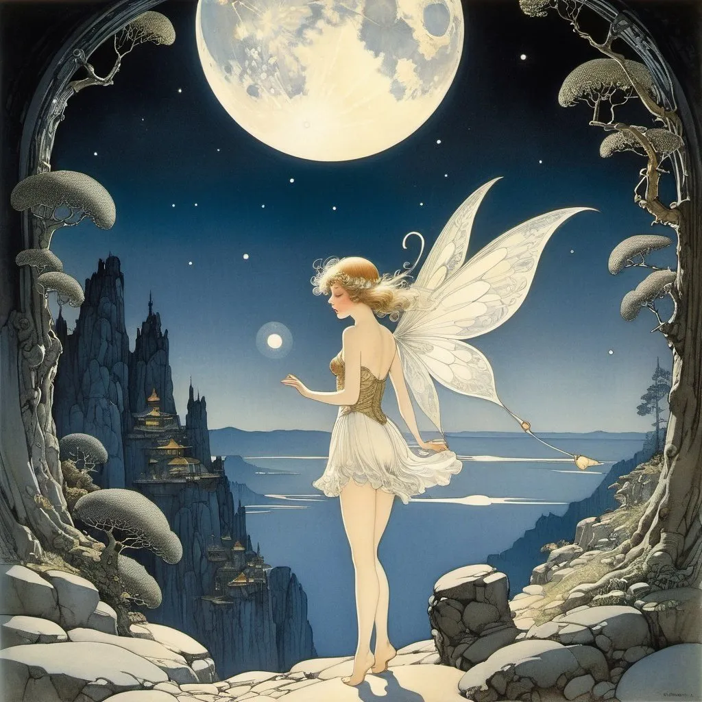 Prompt: Anton Pieck, John Bauer, Virgil Finlay, Virginia Frances Sterrett, Heath Robinson,  Surrealism Mysterious Weird Fantastic Fantasy Sci-fi, Japanese Anime, Nightland Tourist Information, Encounter Miniskirt Beautiful Fairy Girl, perfect voluminous body, Moonlight Fever,  Nocturnal Quartet, detailed masterpiece 