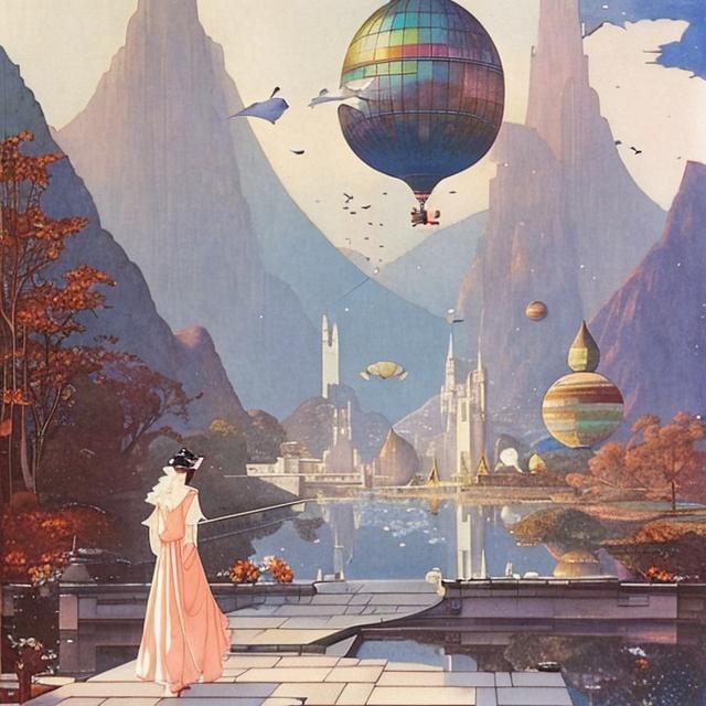 Prompt: Anne Anderson, Margaret Tarrant, Edmund Dulac, Heath Robinson, surreal　wondrous　strange　Whimsical　fanciful　Sci-Fi Fantasy　Girl and Sphere　Dream of Three-Dimensional Development Diagram　leaves falling　Perspective view　The three-point method of distance and proximity　architectural Solo girl