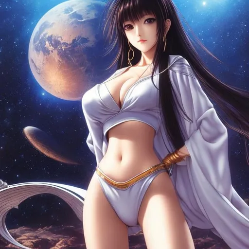 Prompt: Masamune Shirow, yasuko sakata, Surreal, mysterious, strange, fantastical, fantasy, Sci-fi, Japanese anime, yakitori, kimono beauty, perfect voluminous body, spaceship, detailed masterpiece 