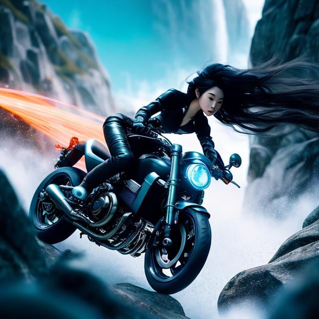 Prompt: Haruhiko Mikimoto, James Jean, Surreal, mysterious, strange, fantastical, fantasy, Sci-fi, Japanese anime, beautiful miniskirt girl running up a steep cliff on a motorcycle, perfect body, black hair, long flowing hair, defying gravity, engine at full throttle, dynamism, action, hyper detailed masterpiece depth of field cinematic lighting hand drawings