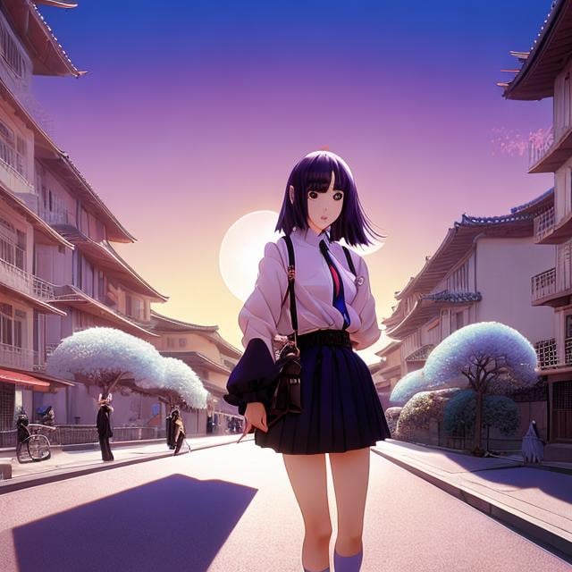 Prompt: Sakura Asagi , Georges de Feure, Surreal, mysterious, strange, fantastical, fantasy, Sci-fi, Japanese anime, beautiful high school girl in a miniskirt on the street, perfect voluminous body, one-point perspective, two-point perspective, three-point perspective, cross-section, Mannerism, Baroque, atmospheric perspective, color perspective, vanishing perspective, curved perspective, Vertical perspective, superimposed perspective, oblique projection cloud clock tower, detailed masterpiece 