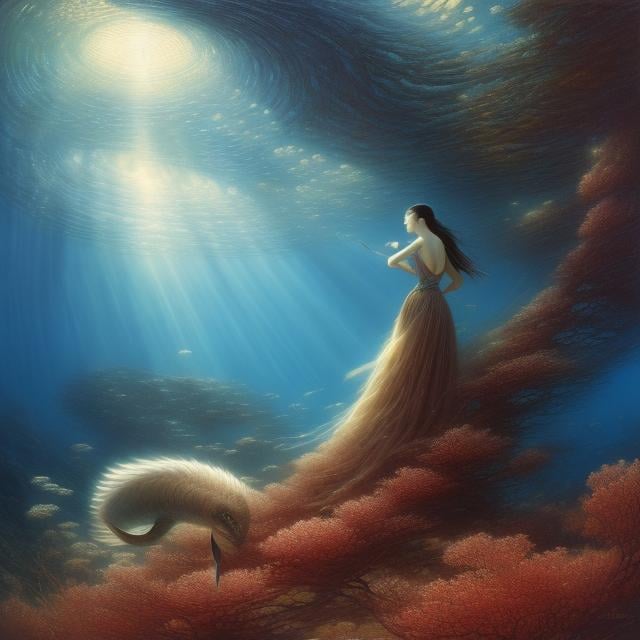 Prompt: John Howe, Takei Takeo, Surreal, mysterious, strange, fantastical, fantasy, Sci-fi, Japanese anime, deeper into the depths of the blue night, mathematics and natural history, a beautiful girl in a dress, diving, detailed masterpiece 