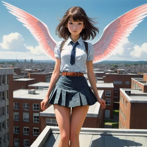 Prompt: Cecile Walton, David Gauld, Stanley William Hayter, Surrealism Mysterious Weird Fantastic Fantasy Sci-Fi, Japanese Anime, Mini Skirt Magical Beautiful Girl Developing flying magic software, perfect voluminous Bird's eye view from the roof of the school, 