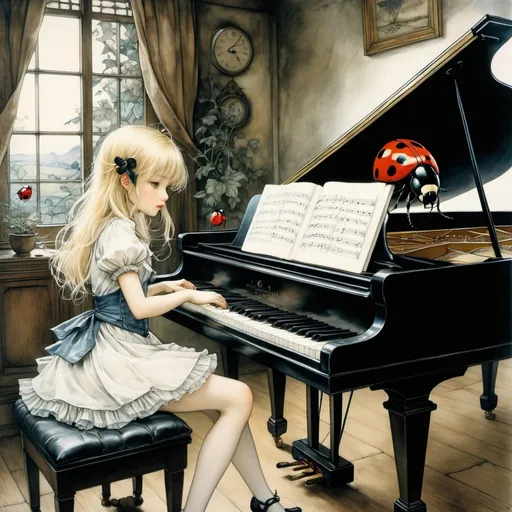 Prompt: Koji Morimoto, Arthur Rackham, Surreal, mysterious, strange, fantastical, fantasy, Sci-fi, Japanese anime, Ladybug playing the piano, land of little fairies, lost blonde miniskirt beautiful girl Alice, perfect voluminous body, detailed masterpiece 