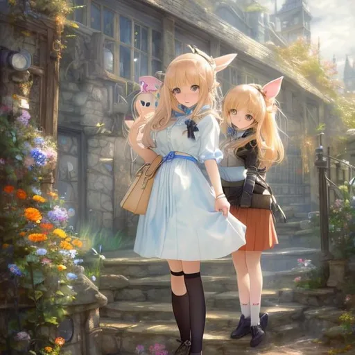 Prompt: Beatrix Potter Margaret Tarrant, Anime Surreal Mysterious Weird Fantastic Sci-fi Fantasy Urban Beast Hunting Fossil Shop Street Observation Miniskirt High School Girl, hyperdetailed high resolution high definition high quality masterpiece