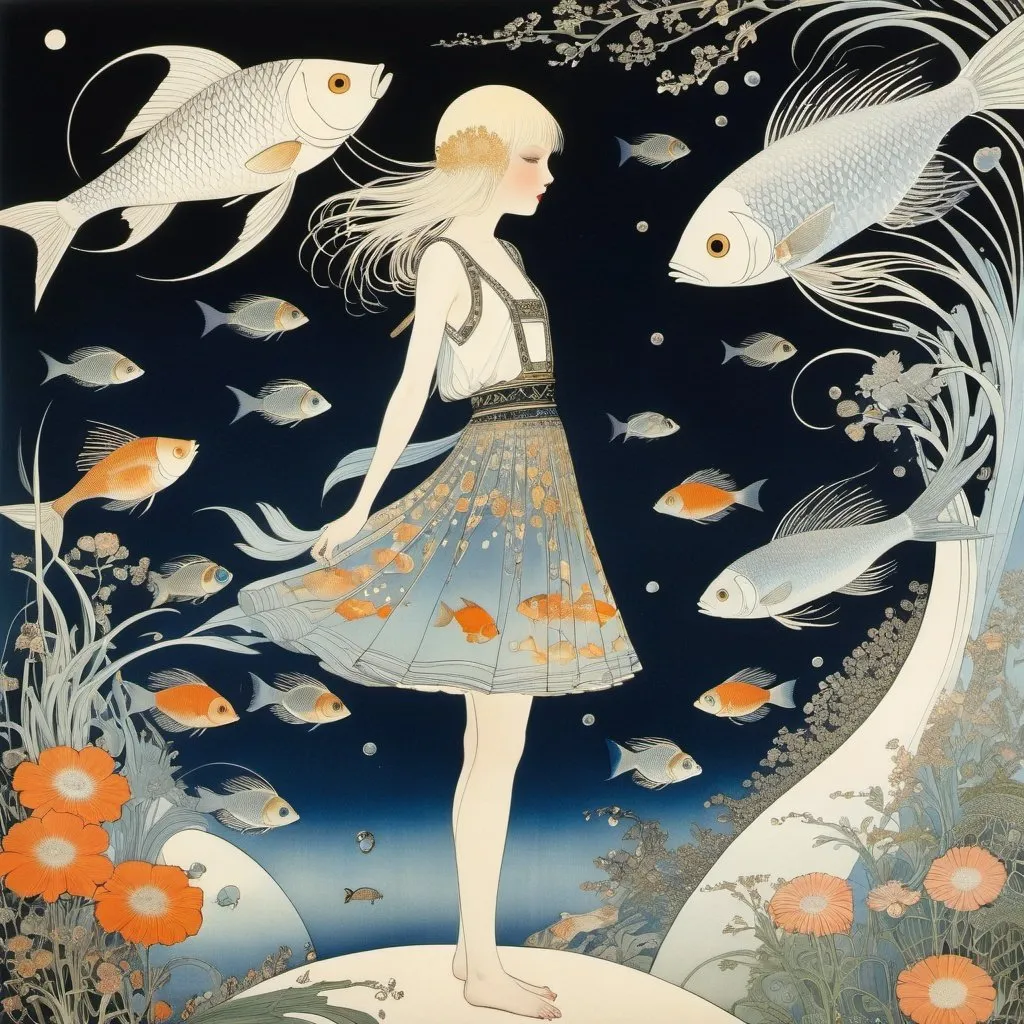 Prompt: Kay Nielsen, Victor Olson, Surreal, mysterious, bizarre, fantastical, fantasy, Sci-fi, Japanese anime, natural history encyclopedia, celestial phenomena, geography, people, clothes, animals, fish, insects, flowers, prints, miniskirt beautiful girl printing, detailed masterpiece 