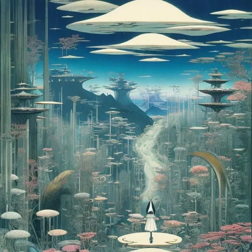 Prompt: Shigeru Tamura, Kay Nielsen, Surreal, mysterious, strange, fantastical, fantasy, Sci-fi, Japanese anime, The Road to Olympus, The gate through which the comet passes, Alice, the beautiful blonde miniskirt girl, perfect voluminous body, solo girl, Time running, detailed masterpiece 