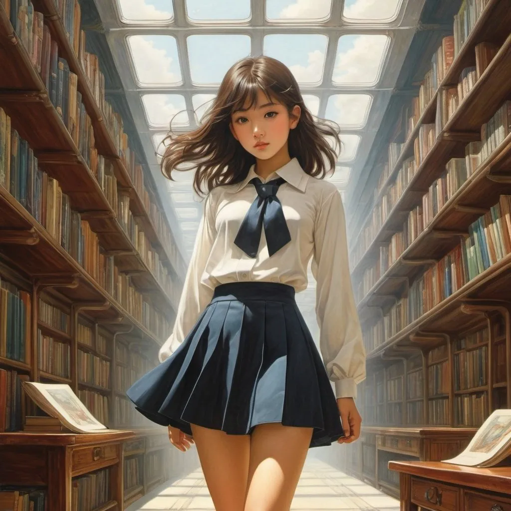 Prompt: Joseph Kuhn-Régnier, Mario Laboccetta, Surreal, mysterious, strange, fantastical, fantasy, Sci-fi, Japanese anime, history of the rectangle, philosophy for children, picture book for adults, under the lens, beautiful high school girl in a miniskirt, perfect voluminous body, detailed masterpiece 