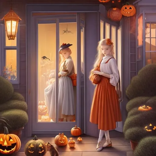 Prompt: James Jean, Margaret Tarrant, Elsa Beskow, Surreal, mysterious, bizarre, fantastical, fantasy, Sci-fi, Japanese anime, Halloween night, trick or treat The front porch of a Victorian-style red brick house, Alice, a beautiful blonde miniskirt girl, perfect voluminous body, carrying a bag of candy, accompanied by cats, hyper detailed masterpiece 