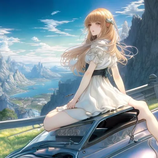 Prompt: Arthur Rackham, Jean Giraud, Walter Crane Anime　wondrous　strange　Whimsical　surreal　fanciful　Sci-Fi Fantasy　Galactic Highway　Light yellow FIAT500 giant Saturn in front　stele々　Miniskirt high school girl posing sitting on the hood　a beauty girl　Wide Angle　hyperdetailed high definition high resolution high quality masterpiece 