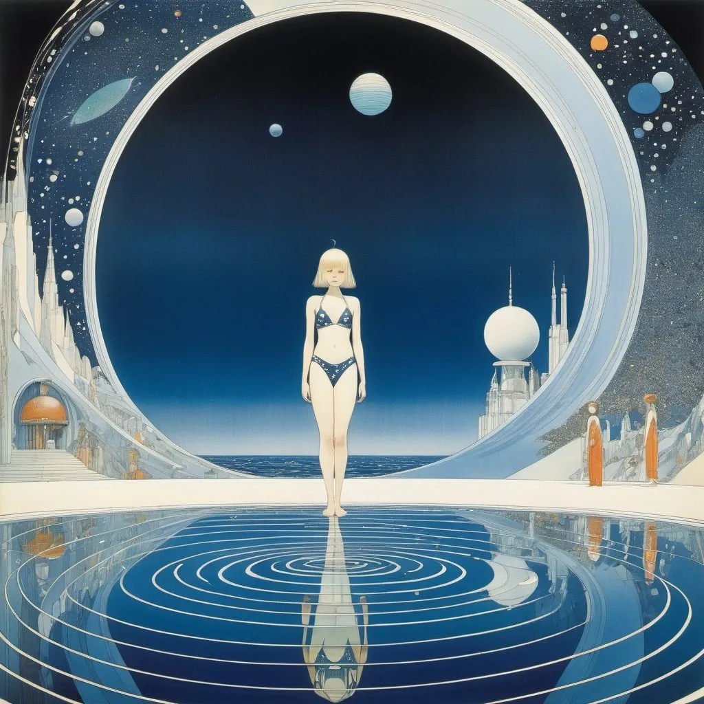 Prompt: Kay Nielsen, Jean Giraud, Surreal, mysterious, strange, fantastical, fantasy, Sci-fi, Japanese anime, blueprint of a water planet, beautiful girl in a school swimsuit, perfect voluminous body, small submersible, detailed masterpiece perspectives