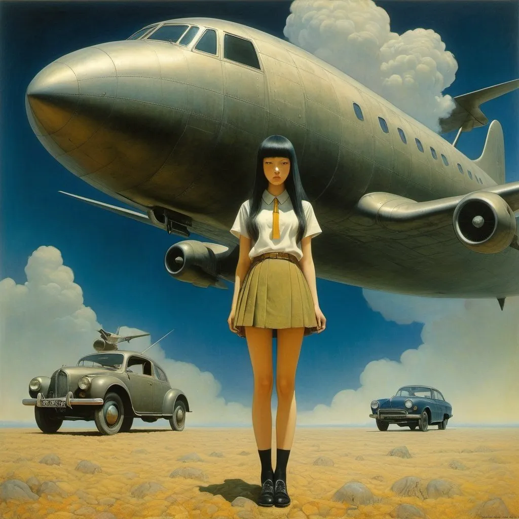 Prompt: Louis Davis, Yuu Watase, Zdzisław Beksiński, John Bauer, Ken Flagg, Surrealism, wonder, strange, bizarre, fantasy, Sci-fi, Japanese anime, museum of dark history, photography, airplanes, phonographs, cars, advertisements, weapons, miniskirt beautiful high school girl as guide, perfect voluminous body, detailed masterpiece 