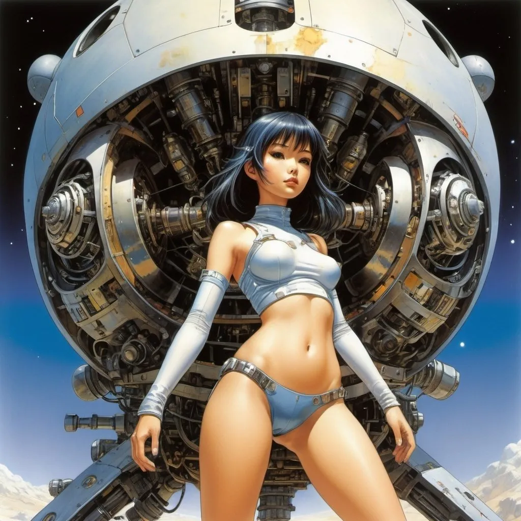 Prompt: Naoyuki Kato, Tony Hough full colours, Chris Foss, Kelly Foss, Tatsuyuki Tanaka, Surrealism Mysterious Weird Fantastic Fantasy Sci-fi, Japanese Anime, Miniskirt Beautiful Girl Creating Stars, perfect voluminous body, Mechanical Engineering Blueprints, Cross Sections, hand coloured fine line drawings perspectives low high angles poses detailed masterpiece 