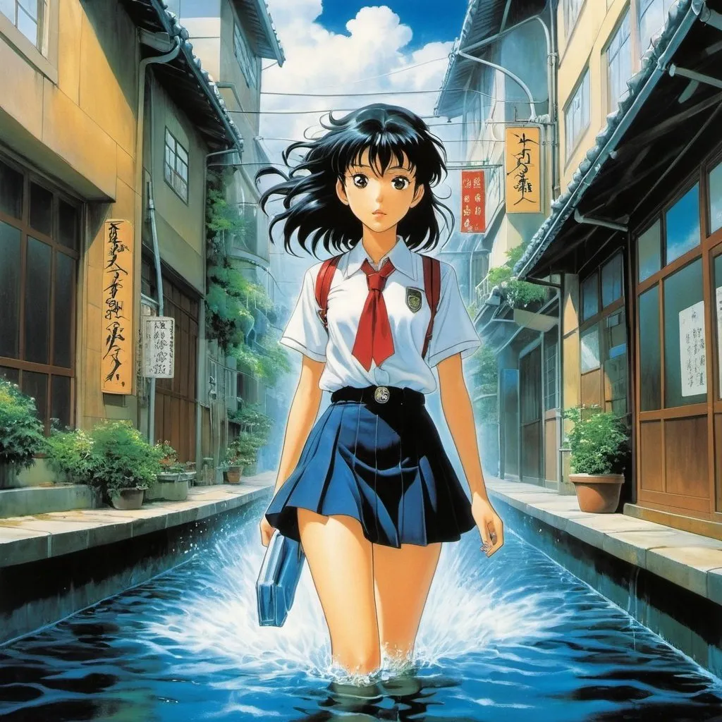 Prompt: Mahiro Maeda, Moto Hagio, Kazuko Tadano, John Alcorn, Surrealism, strange, bizarre, fantastical, fantasy, Sci-fi, Japanese anime, a miniskirt beautiful high school girl, perfect voluminous body, a thief, a boy detective, and the adventures of everyday life, the world is made of water, avant-garde above the deadline, 