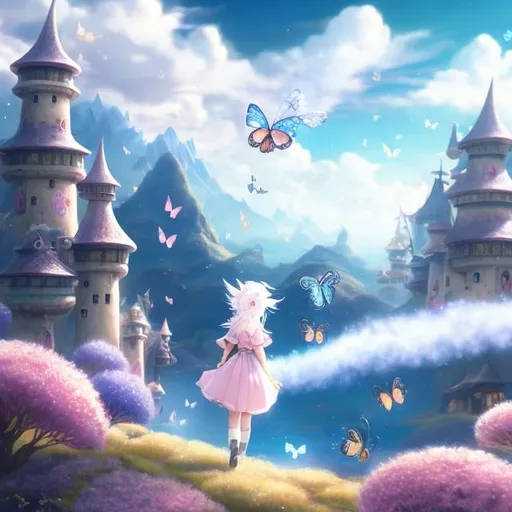 Prompt: Anne Anderson, Mokona, Surreal, mysterious, strange, fantastical, fantasy, Sci-fi, Japanese anime, airship being towed by a swarm of butterflies, walking castle, distant mountains, beautiful blonde miniskirt girl Alice, perfect voluminous body, detailed masterpiece 