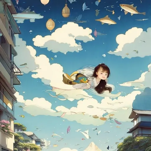 Prompt: Kate Greenaway,  Jessie Willcox Smith, Heikala, Tokyo future scape, blue sky with some clouds, flying cars, floating gold fishes, Japanese high school girl, looking up at  rainbow, beautiful face dark hair, hyper detailed, high resolution, high definition, high quality, masterpiece, Japanese anime, manga lines, realistic 
