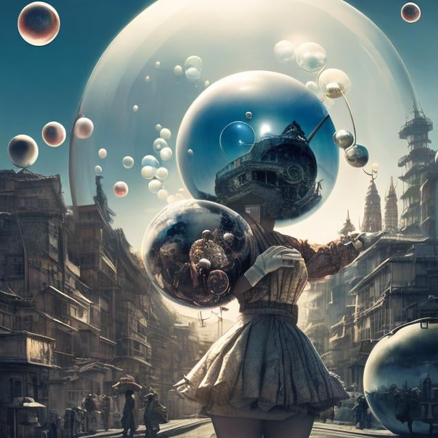 Prompt: Viviano Codazzi, katsuhiro Otomo, Surreal, mysterious, strange, fantastical, fantasy, Sci-fi, Japanese anime, spherical architecture, cross section, perspective, perspective drawing, moving vanishing point, beautiful blonde miniskirt Alice running as a sphere, top, bottom, left, right, soap bubbles, detailed masterpiece 