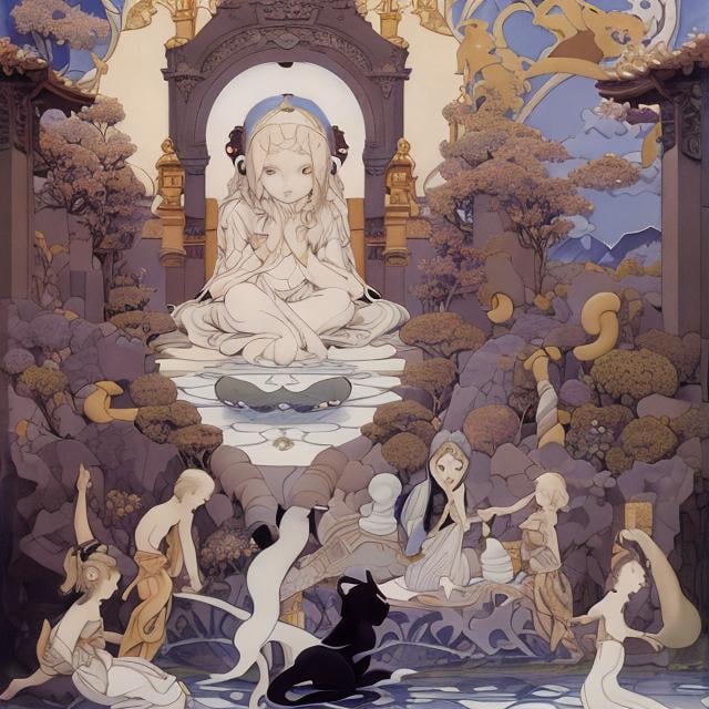 Prompt: Michael Parkes, Nicholas Roerich, Sibylle von Olfers, Japanese anime, manga lines, diamonds singing underground, water clock, gate to anywhere, growing up girl, hyperdetailed high definition high resolution high quality masterpiece 