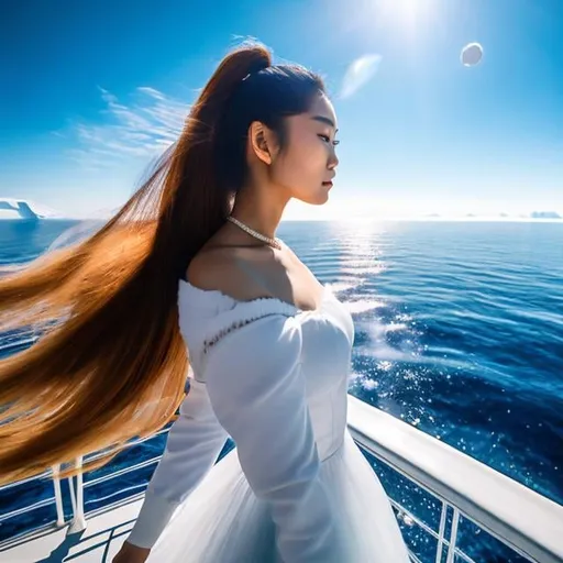 Prompt: Leonardo da Vinci, Takeo Takei, Surreal, mysterious, bizarre, fantastical, fantasy, sci-fi, Japanese anime, a beautiful girl in a miniskirt looking at the horizon from the deck of a large passenger ship, her hair fluttering in the wind, a super-large iceberg drifting in front of the horizon, a flock of migratory birds, a transparent blue sky, altocumulus clouds, wide angle, detailed masterpiece 