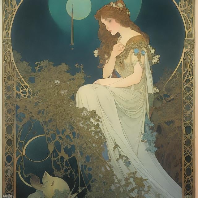 Prompt: Kate Greenaway, Alphonse Mucha, Maurice Sendak, Japanese anime, surreal, mysterious, strange, fantastical, fantasy, sci-fi,  unravel six hanks star of the dark night absorbed by its abyss, and led into the afterlife, detailed, high resolution definition quality masterpiece 