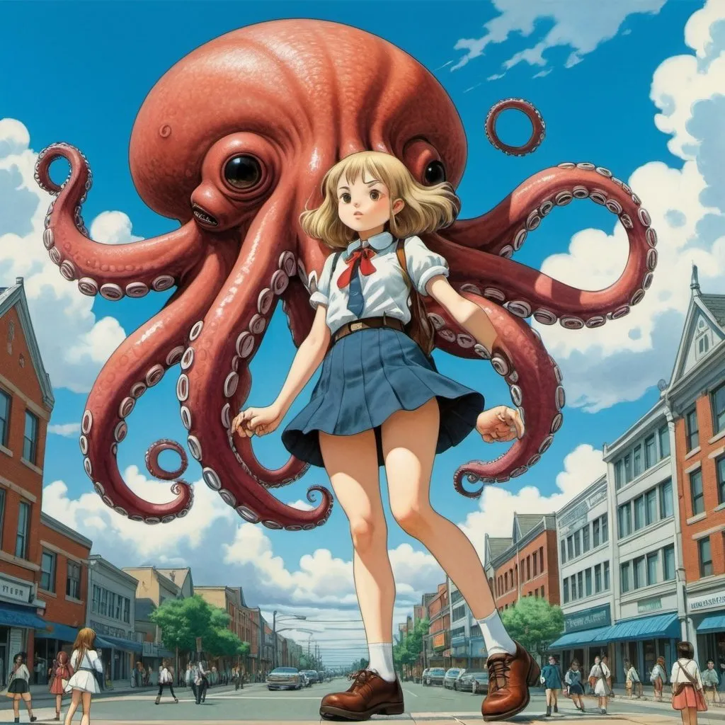 Prompt: Maurice Sendak, Henry Raleigh, surreal, mysterious, strange, fantastic, fantasy, Sci-fi, Japanese anime, giant octopus object, fighting miniskirt beautiful high school girl, perfect voluminous body, plaza, blue sky, clouds, detailed masterpiece 