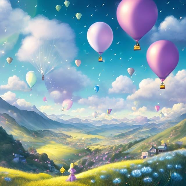 Prompt: Anne Anderson, Mabel Attwell, Maurice Sendak, Tony DiTerlizzi , Surreal, mysterious, bizarre, fantastical, fantasy, Sci-fi, Japanese anime, dandelion fairy beautiful girl, wind-driven sky journey, dandelion balloon, blue sky, clouds, bird's-eye view, hyper detailed masterpiece fine lines depth of field, cinematic lighting 