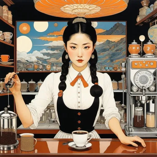 Prompt: Eugène Grasset, Joseph Kuhn-Régnier, Richard Dadd, Takeo Takei, Yuko Shimizu, Surrealism, wonder, strange, fantastical, fantasy, Sci-fi, Japanese anime, dark crystals sinking into the coffee maker, coffee shop at the station, coffee brewed by a miniskirt beautiful barista, perfect voluminous body, detailed masterpiece 