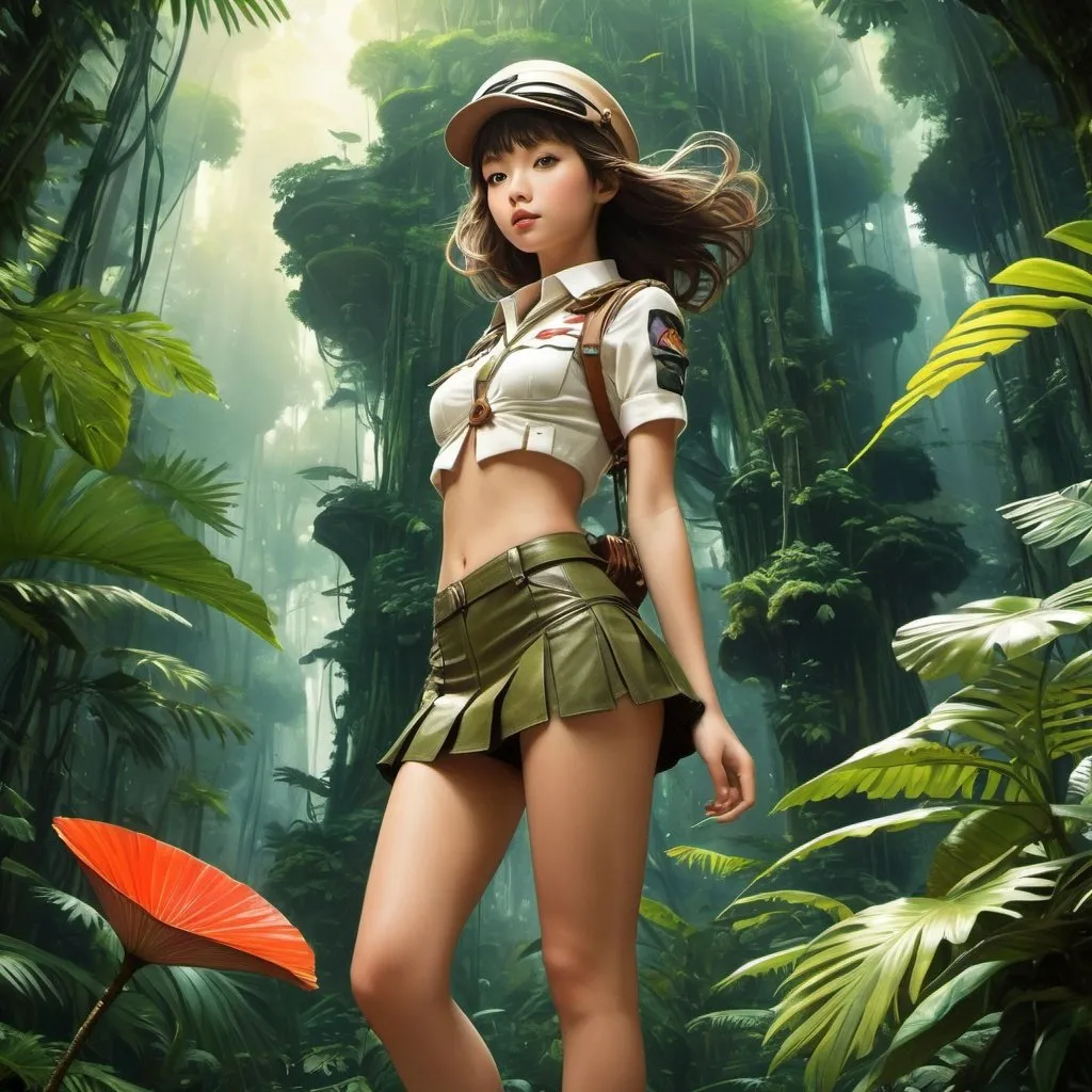 Prompt: Séverine Pineaux, Pierre Probst, André Hellé, Olivier Tallec, Surrealism, strange, bizarre, fantastical, fantasy, Sci-fi, Japanese anime, encyclopedic thought, world theater concept, Rosicrucian movement, universal language concept, miniskirt pretty aviator and Tokyo's rainforest, perfect voluminous body, detailed masterpiece 