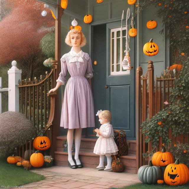 Prompt: Margaret Tarrant, Elsa Beskow, Surreal, mysterious, bizarre, fantastical, fantasy, Sci-fi, Japanese anime, Halloween night, trick or treat The front porch of a Victorian-style red brick house, Alice, a beautiful blonde miniskirt girl, perfect voluminous body, carrying a bag of candy, accompanied by cats, hyper detailed masterpiece 