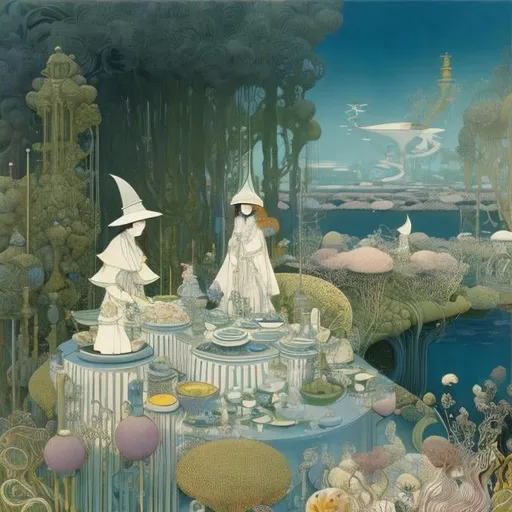 Prompt: Kay Nielsen, Heath Robinson, Japanese Anime, Surreal Mysterious Weird Fantastic Fantasy Sci-Fi, Kitchen Ingredients and Tableware are at War, Girl Alice, detailed, high resolution definition quality masterpiece 