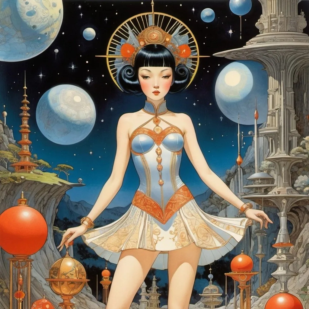 Prompt: Wally Wood, Virginia Frances Sterrett, Akira Amano, Phoebe Anna Traquair, Laura Callaghan, Surrealism, mysterious, strange, bizarre, fantasy, Sci-fi, Japanese anime, miniskirt beautiful girl at a costume ball, perfect voluminous body, collecting fragments of time and space, following the spatial veins, detailed masterpiece 