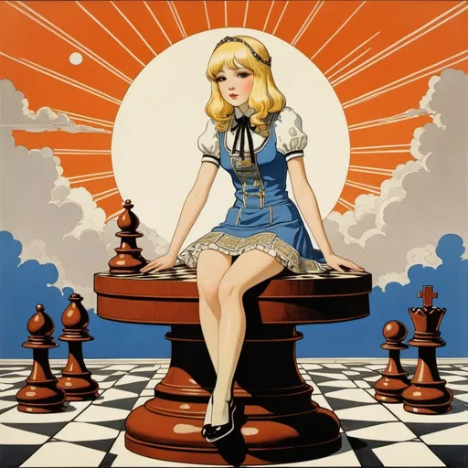 Prompt: George Barbier, Walter Velez, Surreal, mysterious, strange, fantastical, fantasy, sci-fi, Japanese anime, beautiful blonde miniskirt girl Alice sitting on a giant chess piece, song of the rising sun, detailed masterpiece 
