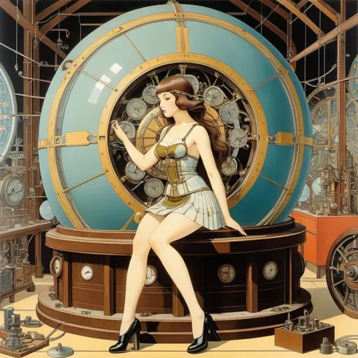 Prompt: George Barbier, Richard Dadd, Surreal, mysterious, strange, fantastical, fantasy, Sci-fi, Japanese anime, spherical time machine repair shop, miniskirt beautiful girl engineer who repairs the time machine, perfect voluminous body, detailed masterpiece 