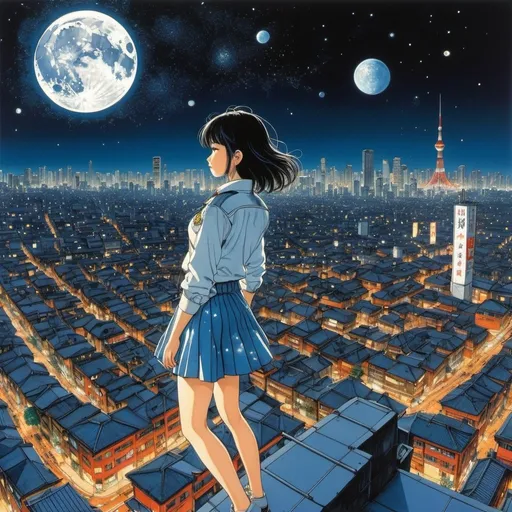 Prompt: Rowland Frederick Emett, Katsuhiro Otomo, Surreal, mysterious, bizarre, fantastical, fantasy, Sci-fi, Japanese anime, playing in the darkness, firefly star hunting, mini-skirt beautiful high school girl with a collection net, perfect voluminous body, moon, space, galaxy, bird's-eye view, sleeping city, detailed masterpiece 