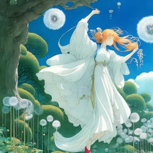 Prompt: Heath Robinson, Naoko Takeuchi, Mysterious, strange, surreal, bizarre, fantasy, Sci-fi, Japanese anime, dandelion parachute of the sun, Alice, a beautiful blonde miniskirt girl slowly descending, perfect voluminous body, huge tree, detailed masterpiece 