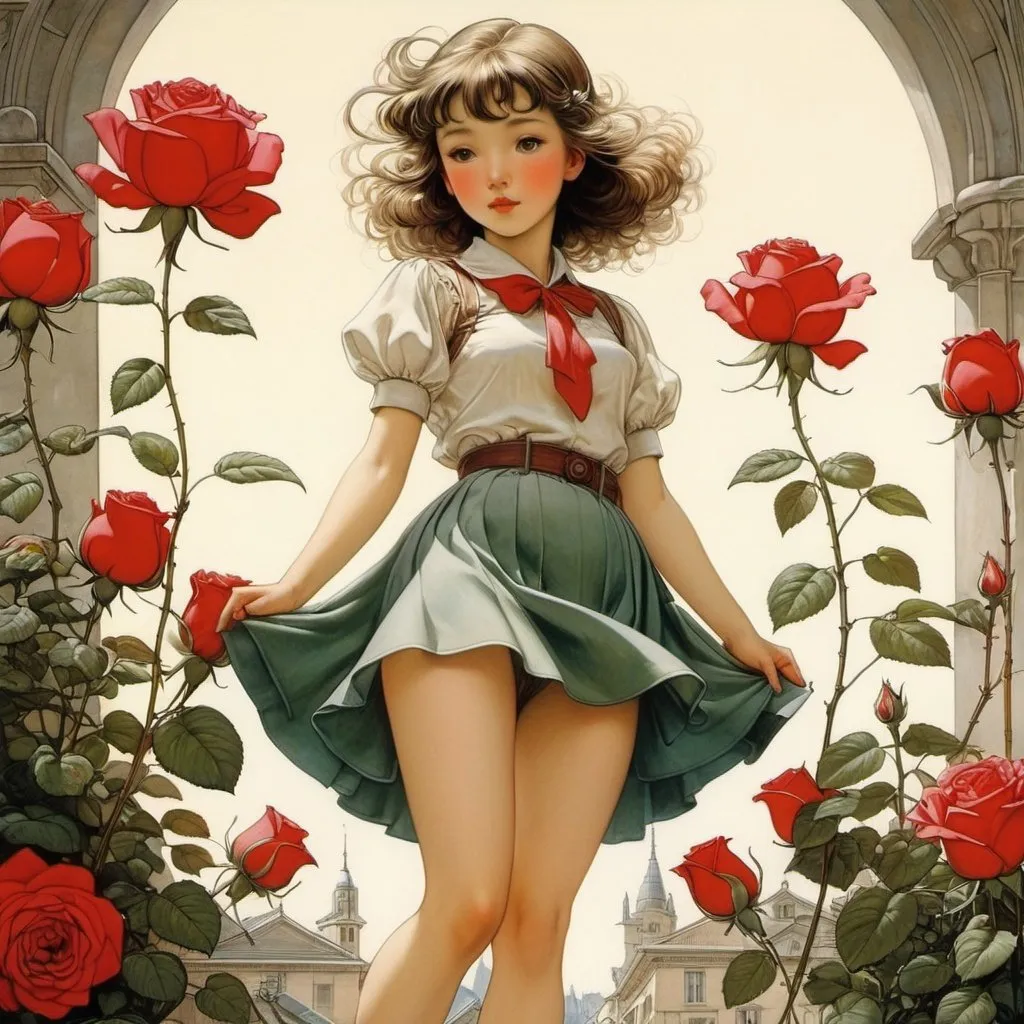 Prompt: Amédée Varin, Cicely Mary Barker, Michael Parkes, Léon Carré, Heath Robinson, Surrealism Mysterious Weird Fantastic Fantasy Sci-fi, Japanese Anime, A rose flower that evolved into a miniskirt beautiful high school girl, perfect voluminous body, detailed masterpiece 