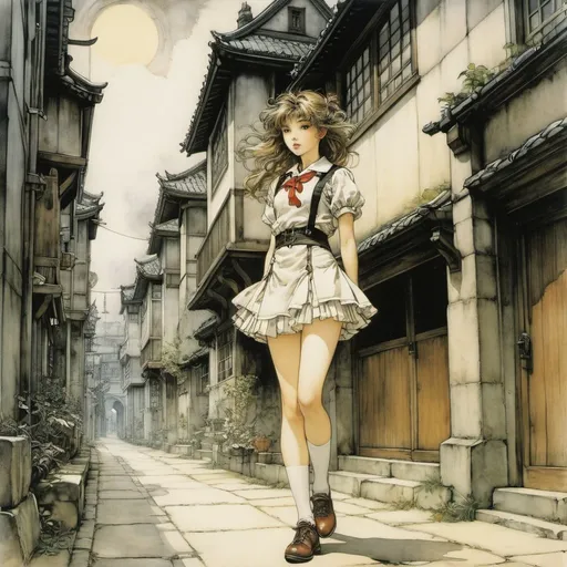 Prompt: Arthur Rackham, Shigeru Tamura, Surreal, mysterious, strange, fantastical, fantasy, Sci-fi, Japanese anime, Soshinki, light as a metaphor for truth, the Copernican turn and the position of a miniskirt beautiful high school girl in the universe, perfect voluminous body, a time machine in a back alley, detailed masterpiece 