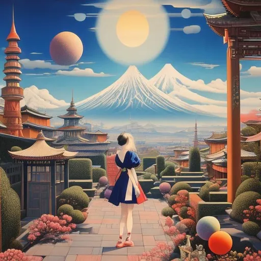 Prompt: Margaret Tarrant, Paul Delvaux, Multicolored woodblock print Surreal Mysterious Strange Fantastic Fantasy Sci-fi, Japanese Anime, Triangle, Square, Cone, Sphere, Torus Floating Wilderness Miniskirt Beautiful Girl, perfect volume body, detailed masterpiece 